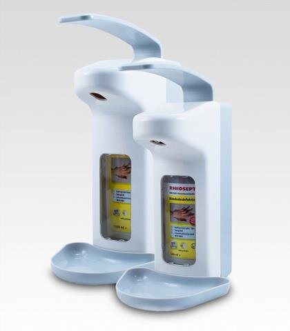 Armhebelspender geschlossen mit Schale für 1000 ml mit Einwegkunststoffpumpe